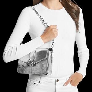 NWT Michael Kors Carmen Medium Silver Metallic  Convertible Shoulder Bag